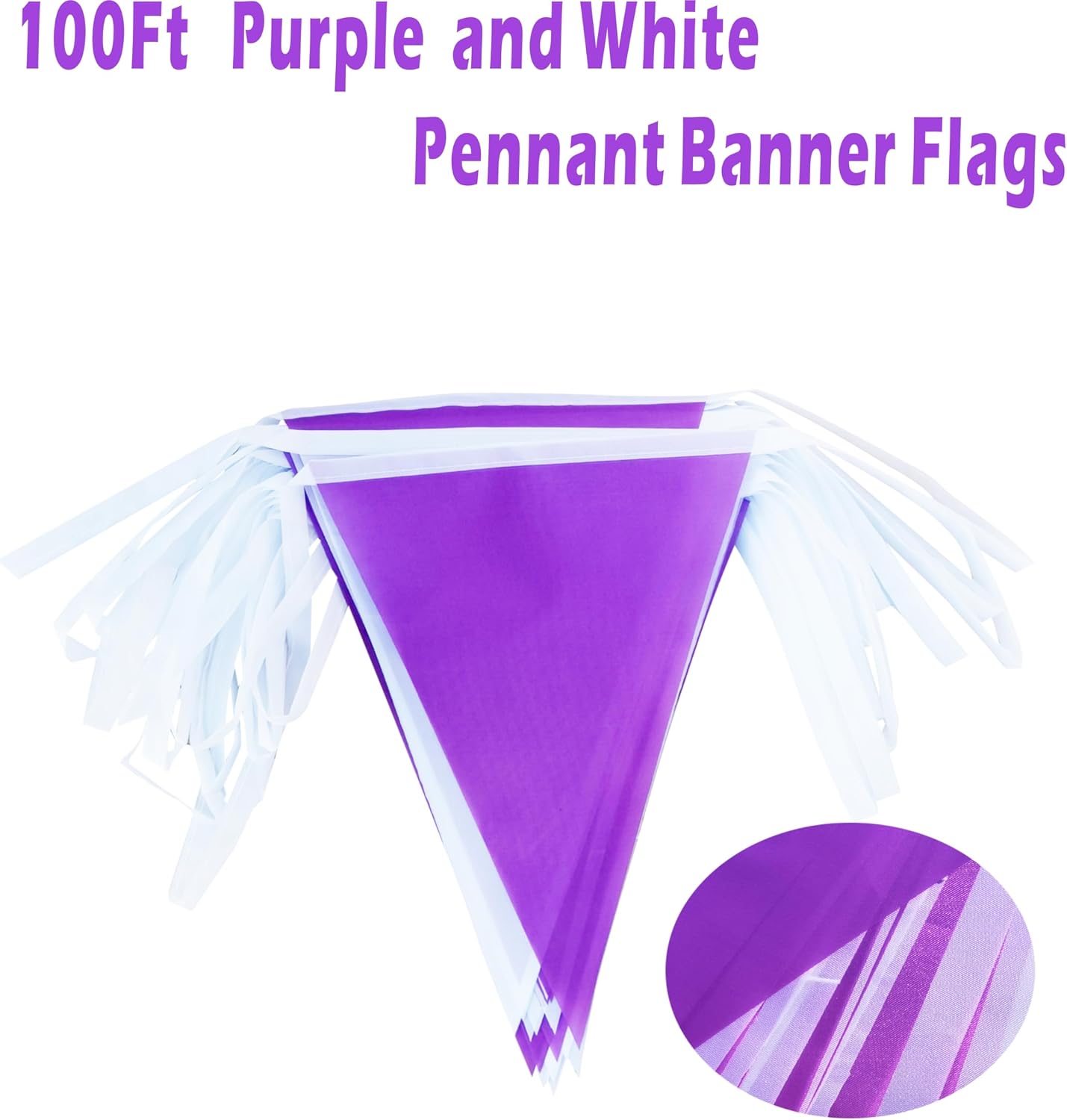 Banderines tela triangular morado blanco 100ft para fiestas