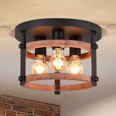 Lámpara techo madera 3 luces marco negro 12pulg rústica