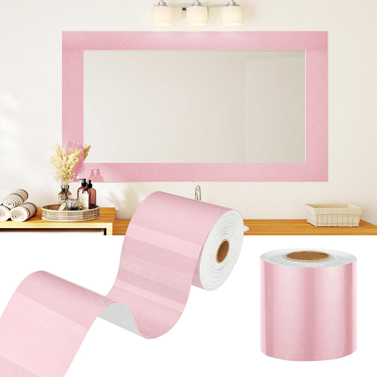 Papel tapiz rosa brillante autoadhesivo con purpurina para baño