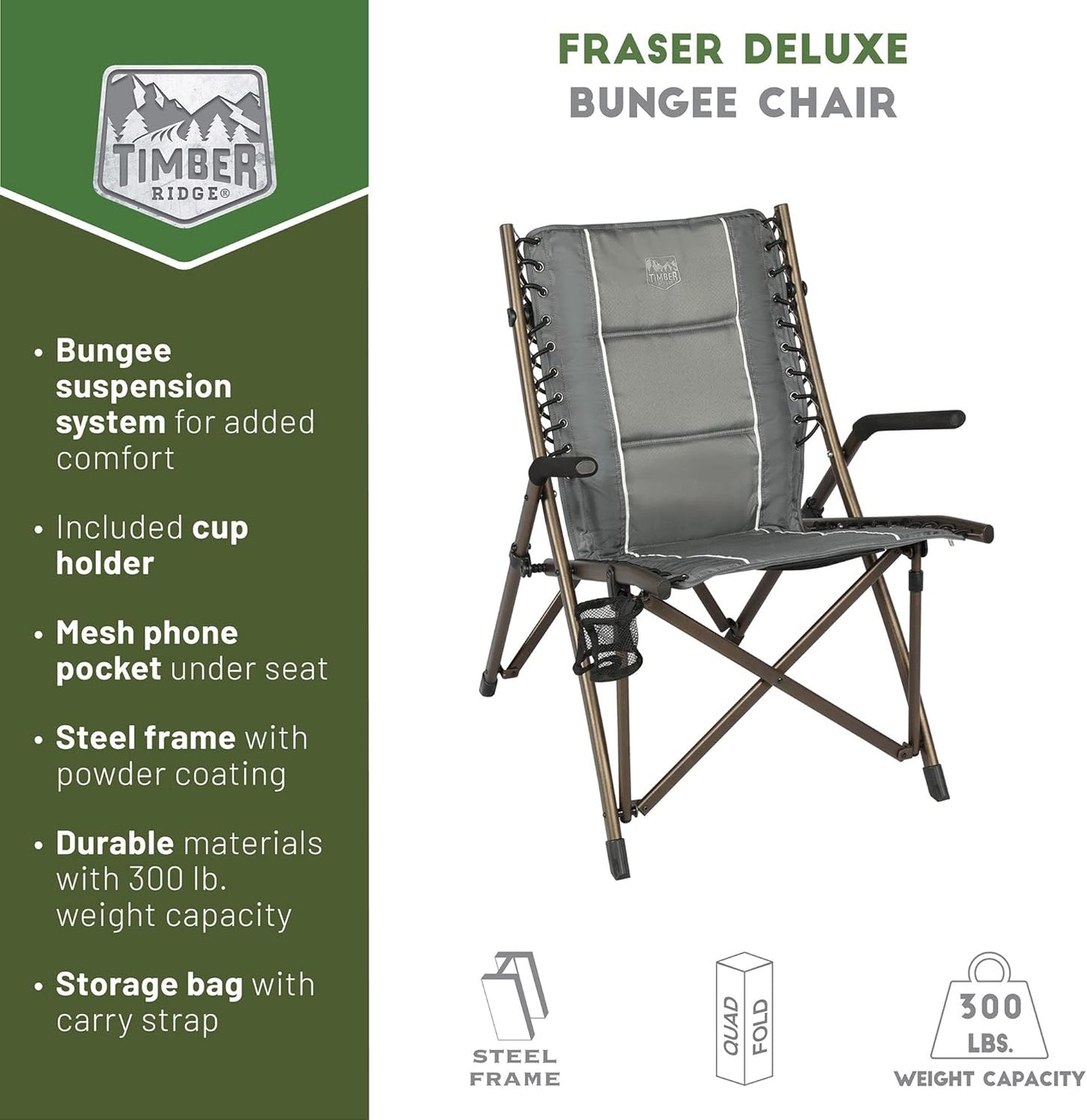 Silla plegable camping acolchada con reposabrazos 300lb gris