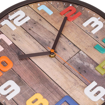 Reloj pared vintage 12pulg números 3D coloridos sin tictac