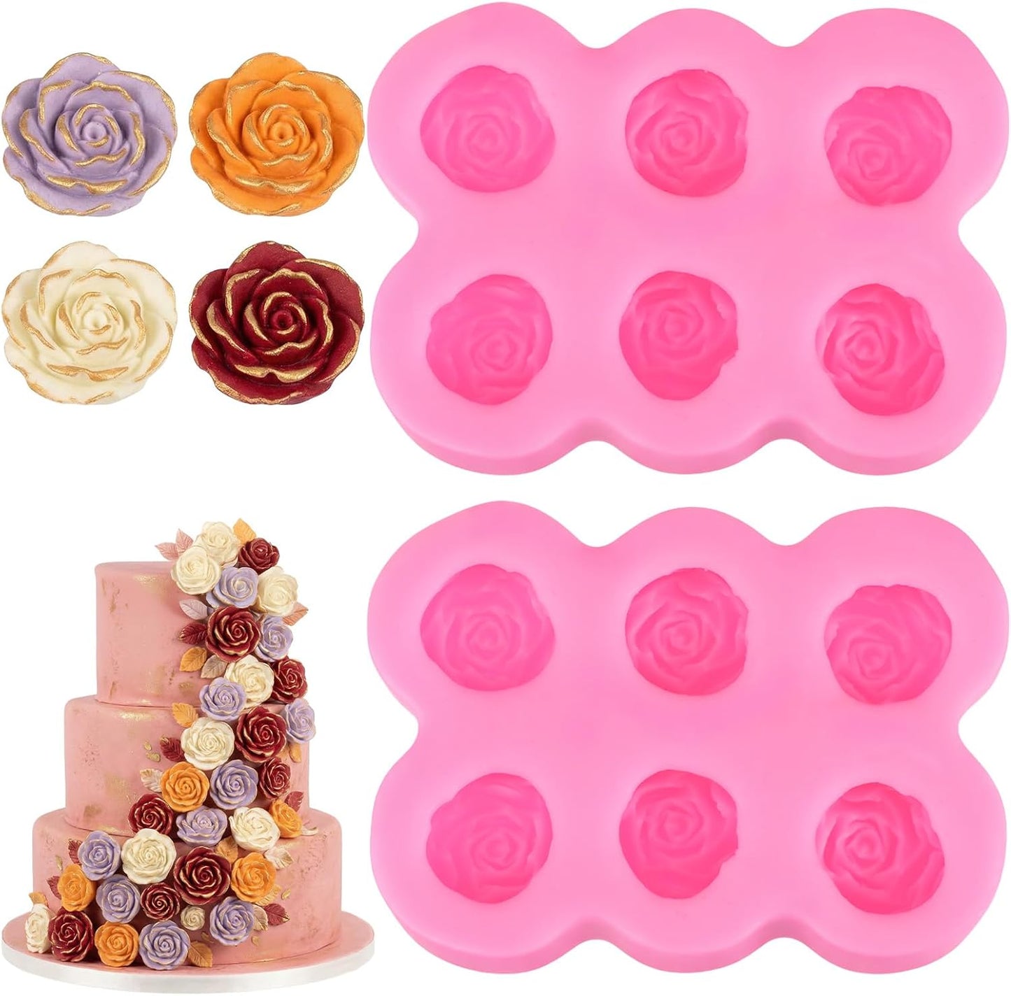 Moldes de silicona de rosas para chocolate y fondant con 6 cavidades antiadherentes