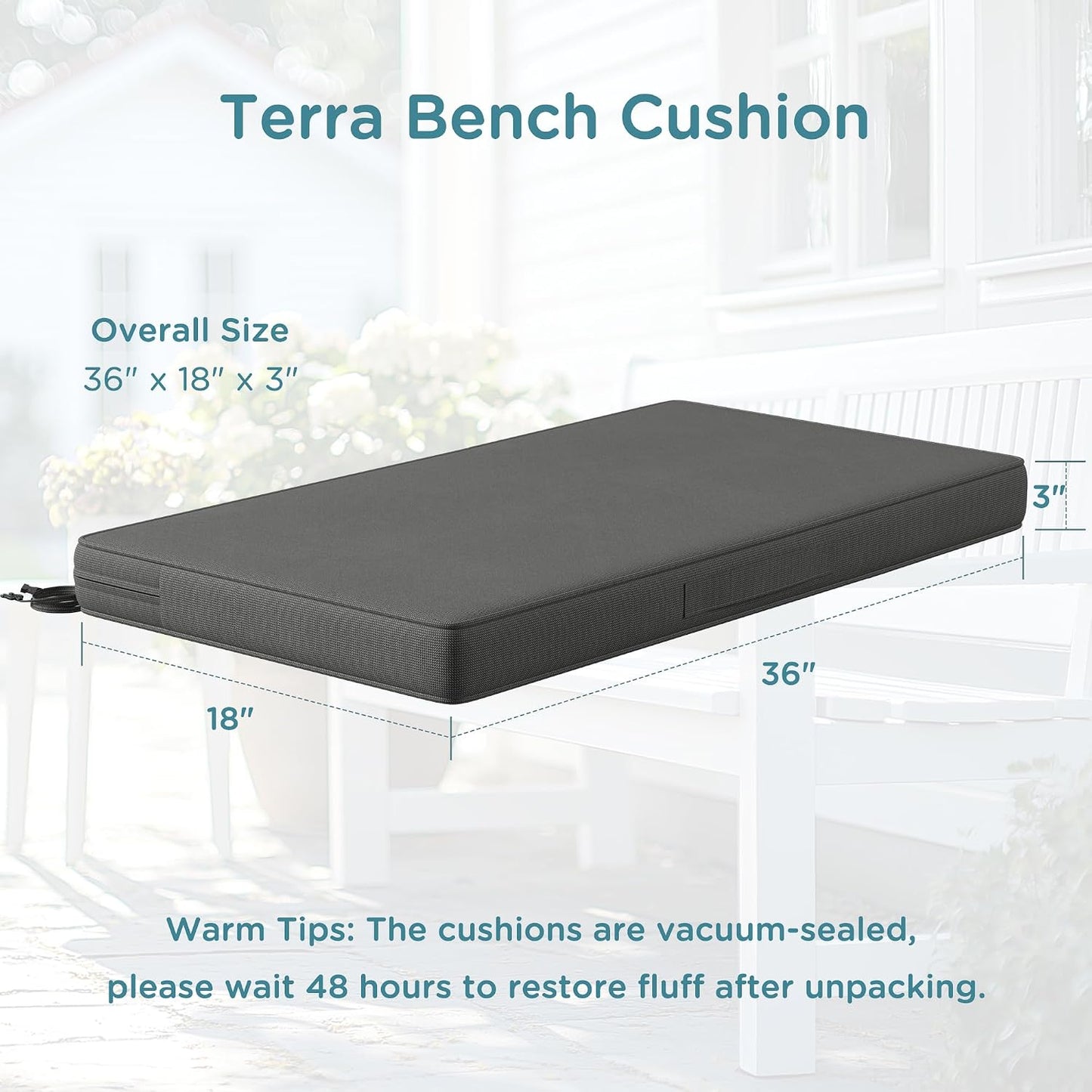 Cojín banco exterior 36x18pulg doble impermeable gris