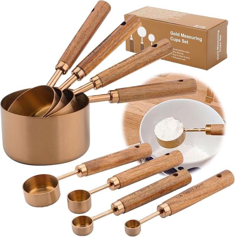 Set 8 Pzas Tazas Medidoras Acero Inox con Mango Madera