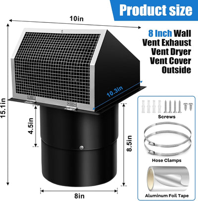 Tapa ventilación pared 8pulg cocina baño campana HVAC negro