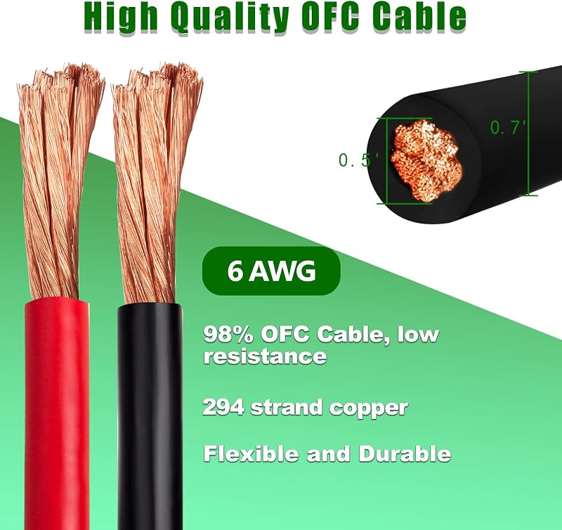 Cable batería alambre cobre 6 AWG 20 pies rojo y negro