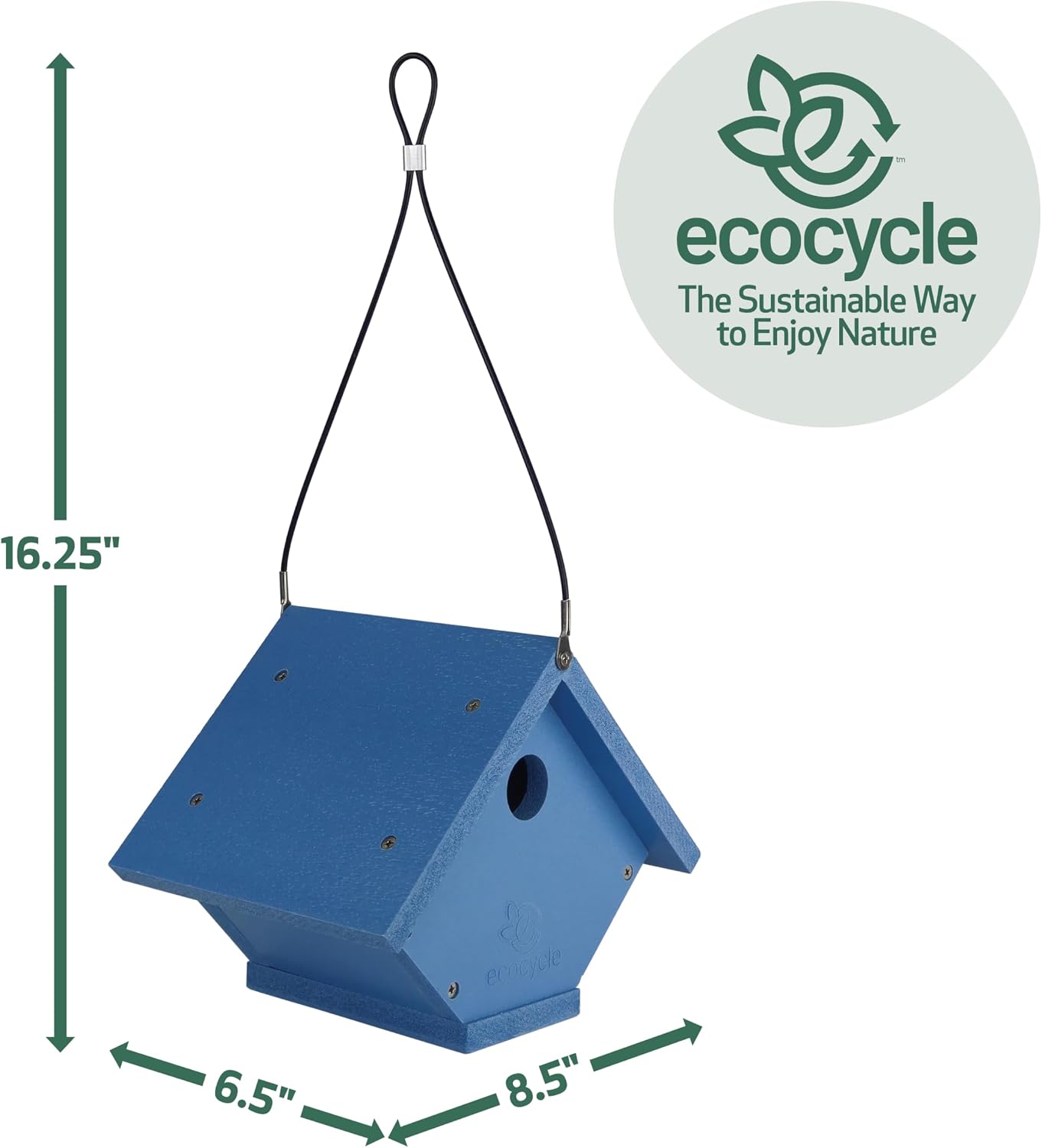 Casa pájaros plástico reciclado puerta limpia azul
