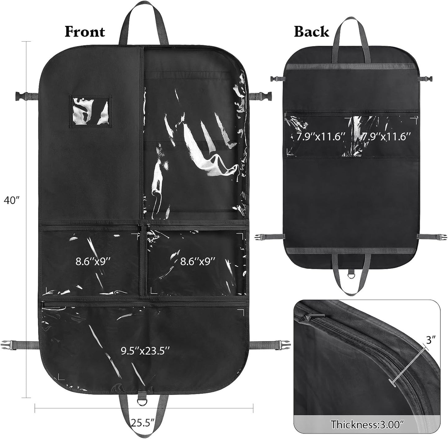 Bolsa traje baile 40" negra 3 bolsillos transparentes