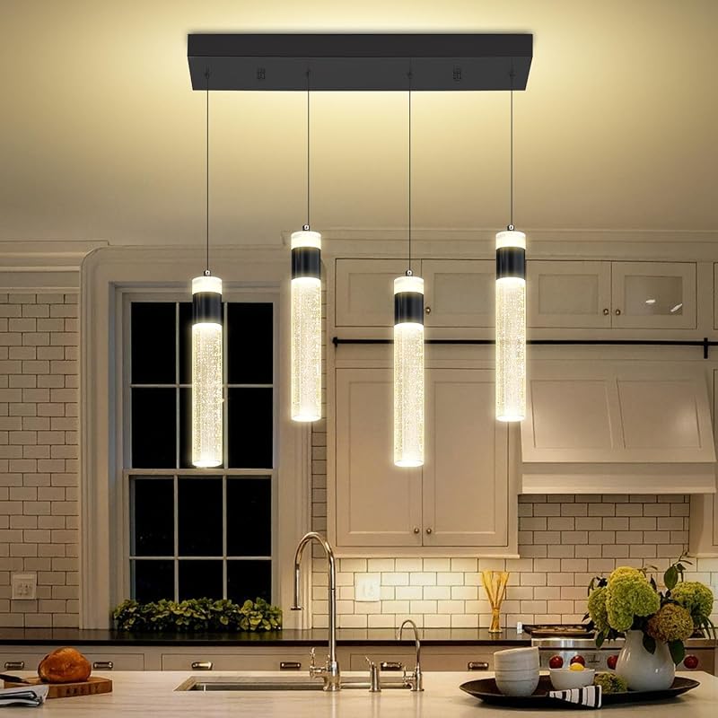 Lámpara colgante 4 luces LED cristal dorado para cocina