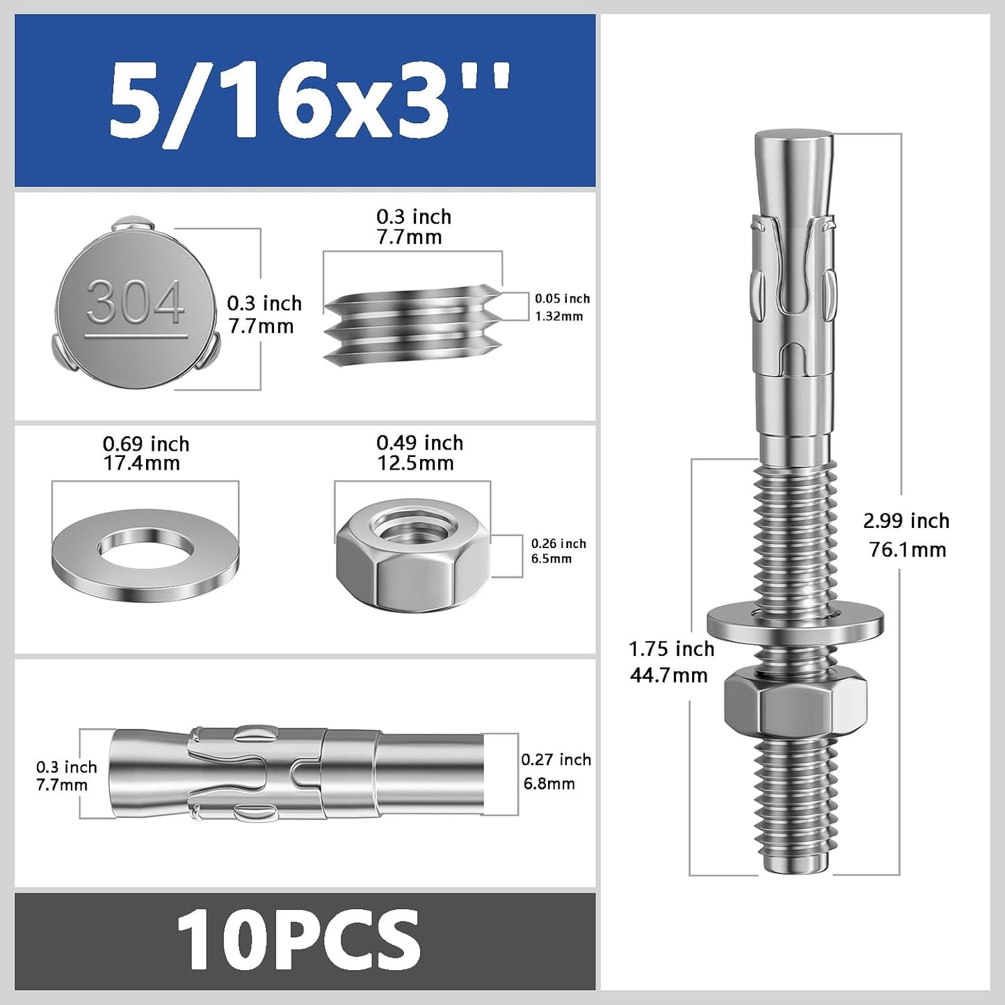 10 sujetadores 5/16x3pulg acero inox 304 para anclajes cemento