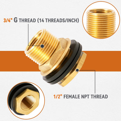 2 Conectores agua macho 1/2" hembra 3/4" latón 4 anillos
