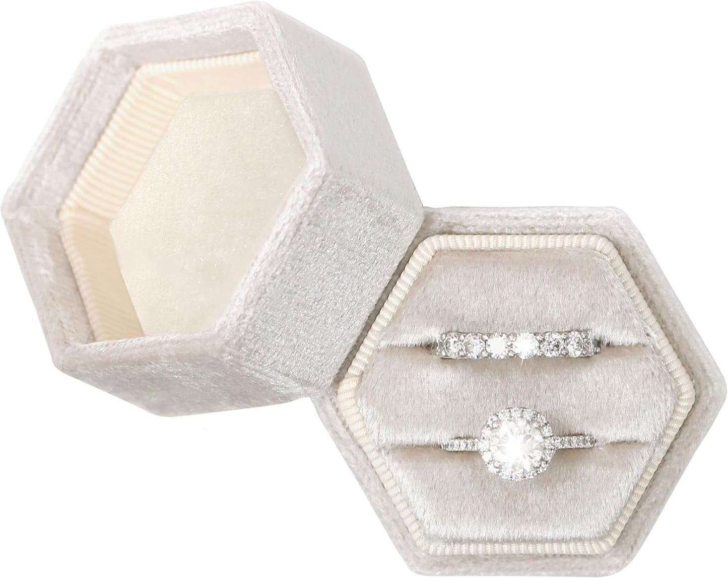 Caja terciopelo hexagonal anillo compromiso tapa
