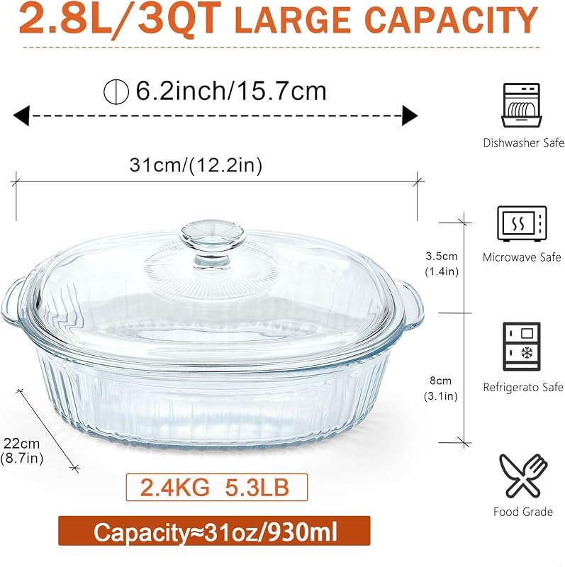 Cacerola Vidrio 2.8L con Tapa para Horno Microondas