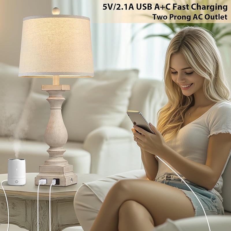 2 Lámparas Mesa Estilo Granja 28pulg USB AC Control Táctil