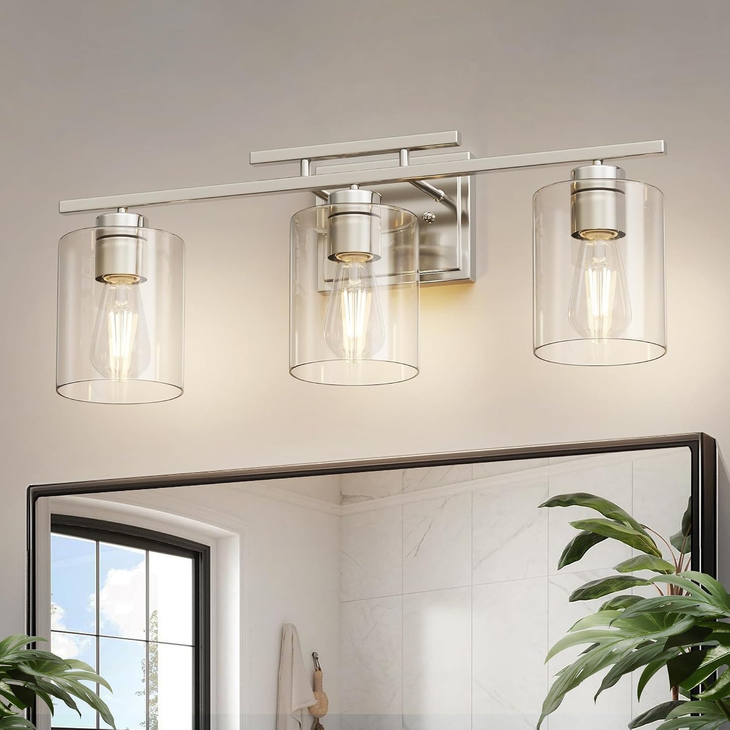Lámpara pared baño 3 luces níquel cepillado vidrio