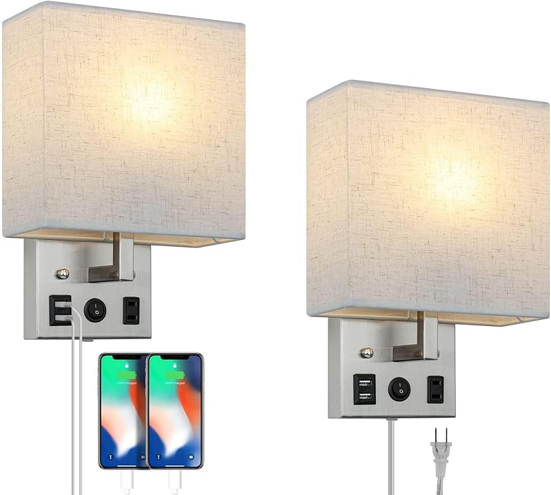 2 Lámparas pared enchufable con USB y CA dormitorio