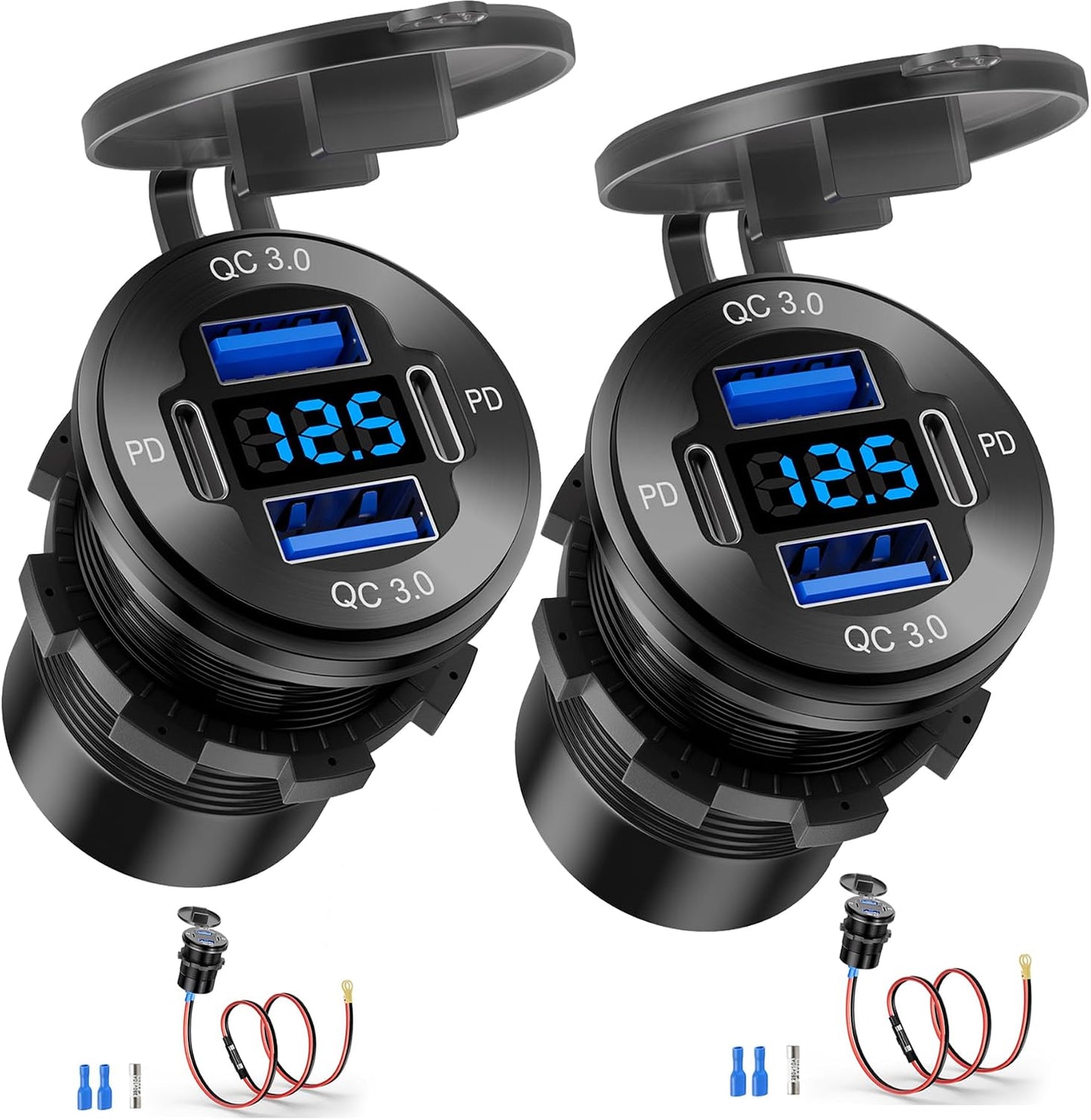 Enchufe USB coche 12V 4 puertos 2 PD 2 QC3.0 con voltímetro