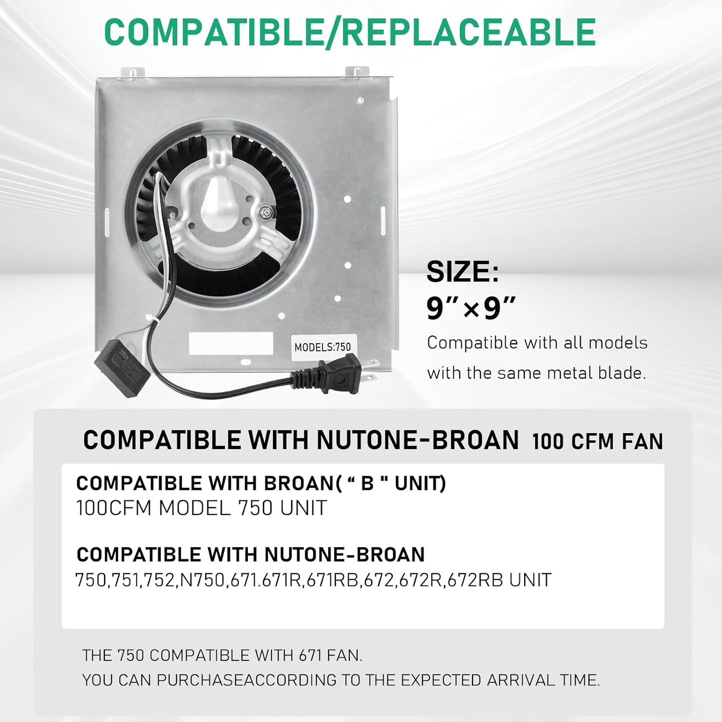 Ventilador motor modelo 750 comp Broan Nutone 9x9 3.5 sones