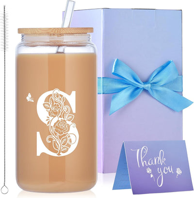 Vasos vidrio con iniciales tapas pajitas regalo personalizado mujer