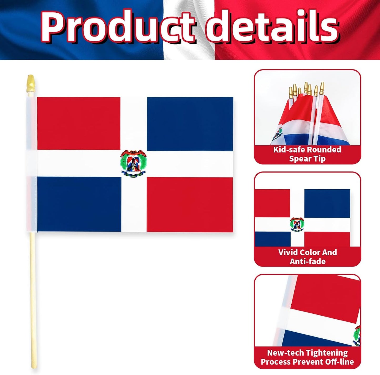 20 Banderas República Dominicana 5x8pulg Madera Lanza Dorada