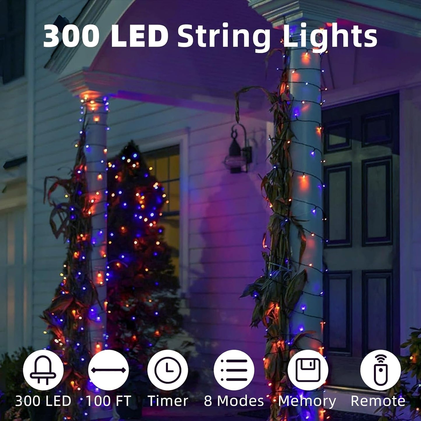 Luces navidad cuerda parpadeantes 300led 100ft púrpura naranja