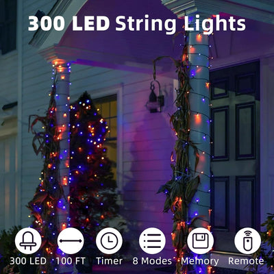 Luces navidad cuerda parpadeantes 300led 100ft púrpura naranja