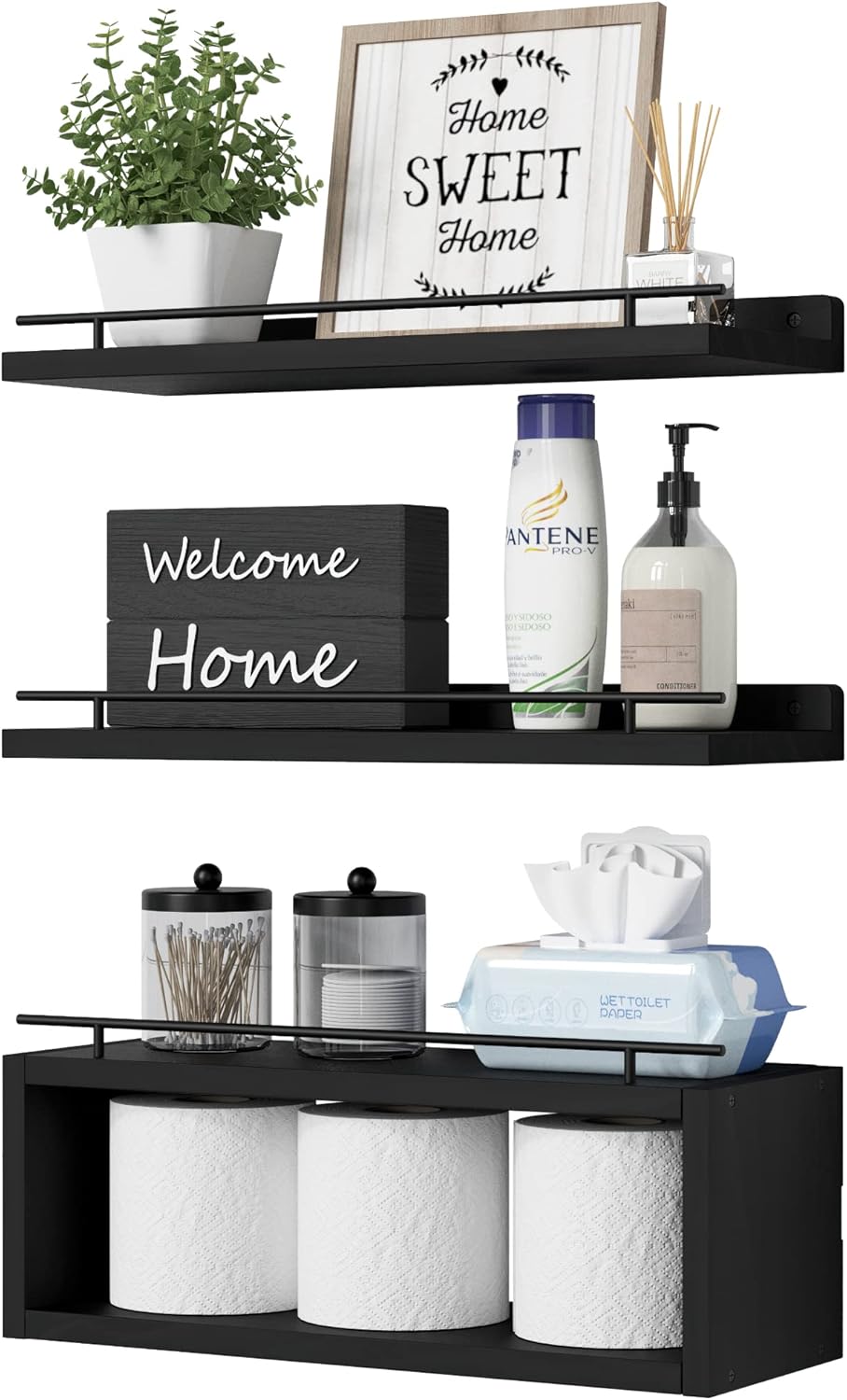 Estantes flotantes para baño con riel metal y cubo