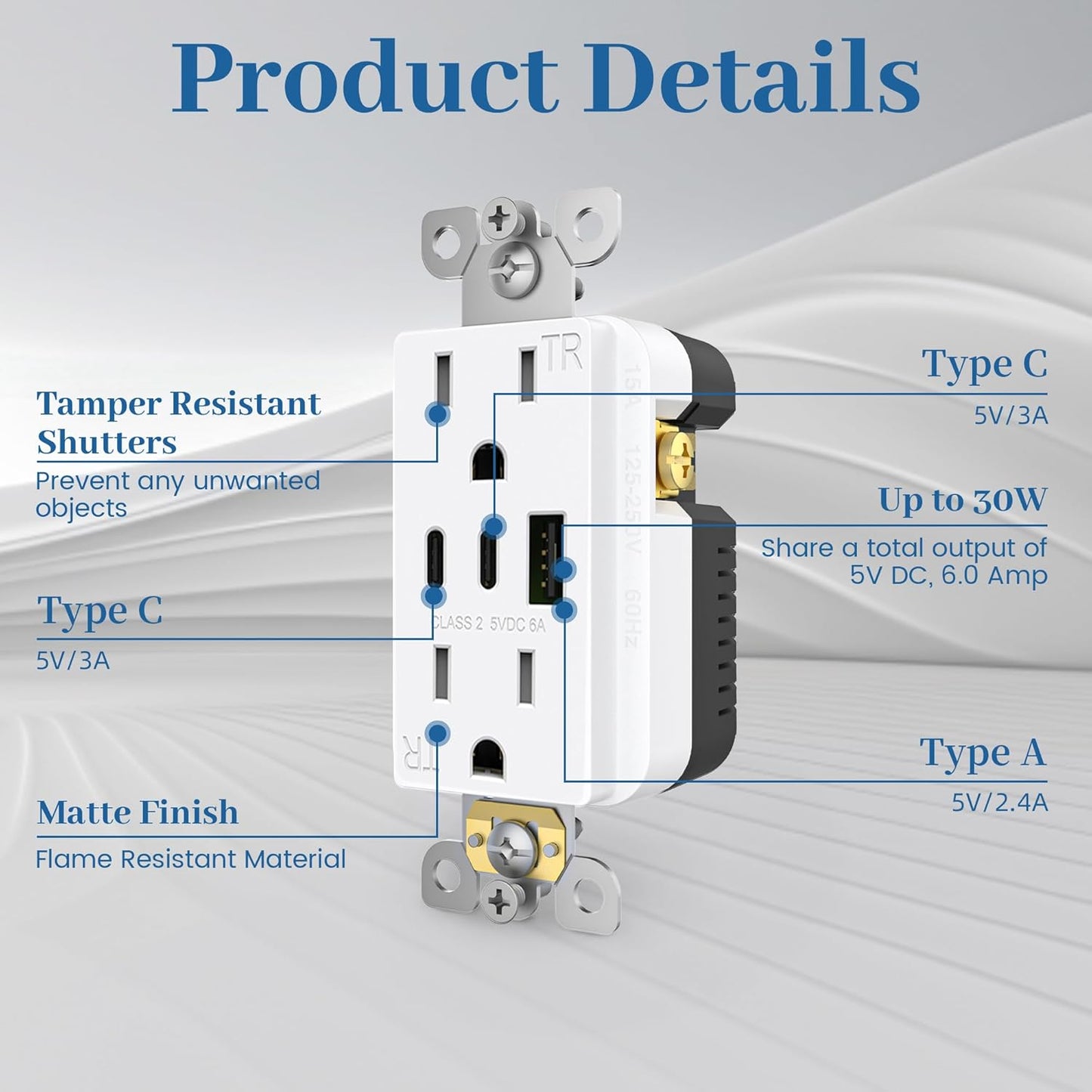 Toma pared USB C 3 puertos 30W 6A resistente color blanco