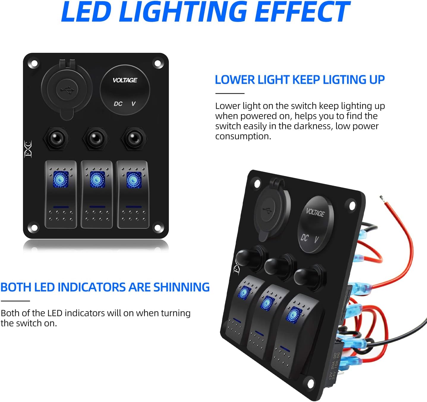 Panel interruptor basculante coche 3 cuadrillas USB LED