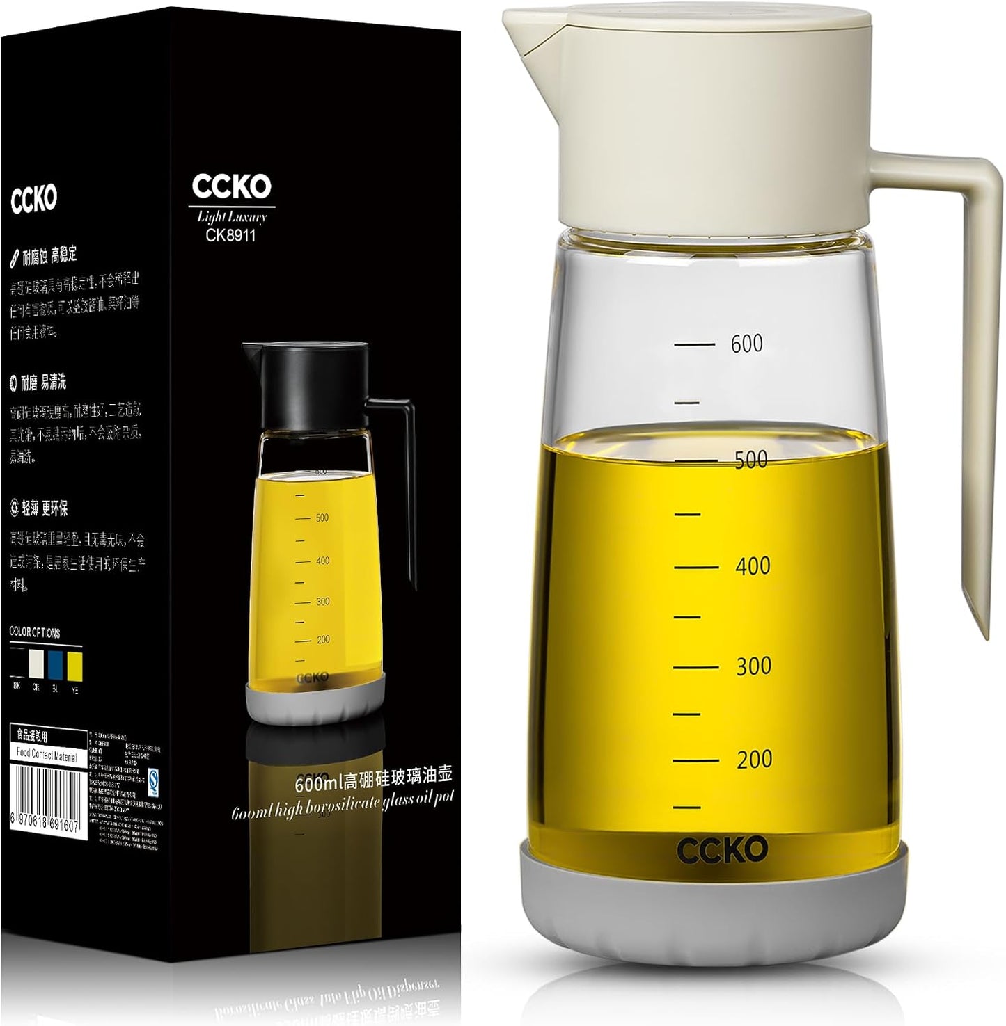 Botella dispensadora aceite oliva vidrio tapa antifuga blanco hueso