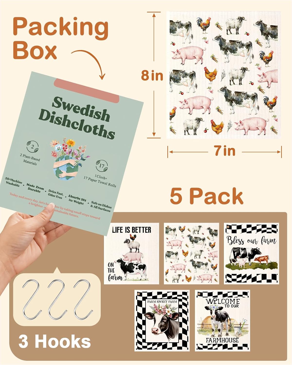 Paños cocina suecos reutilizables con ganchos 5 pzas