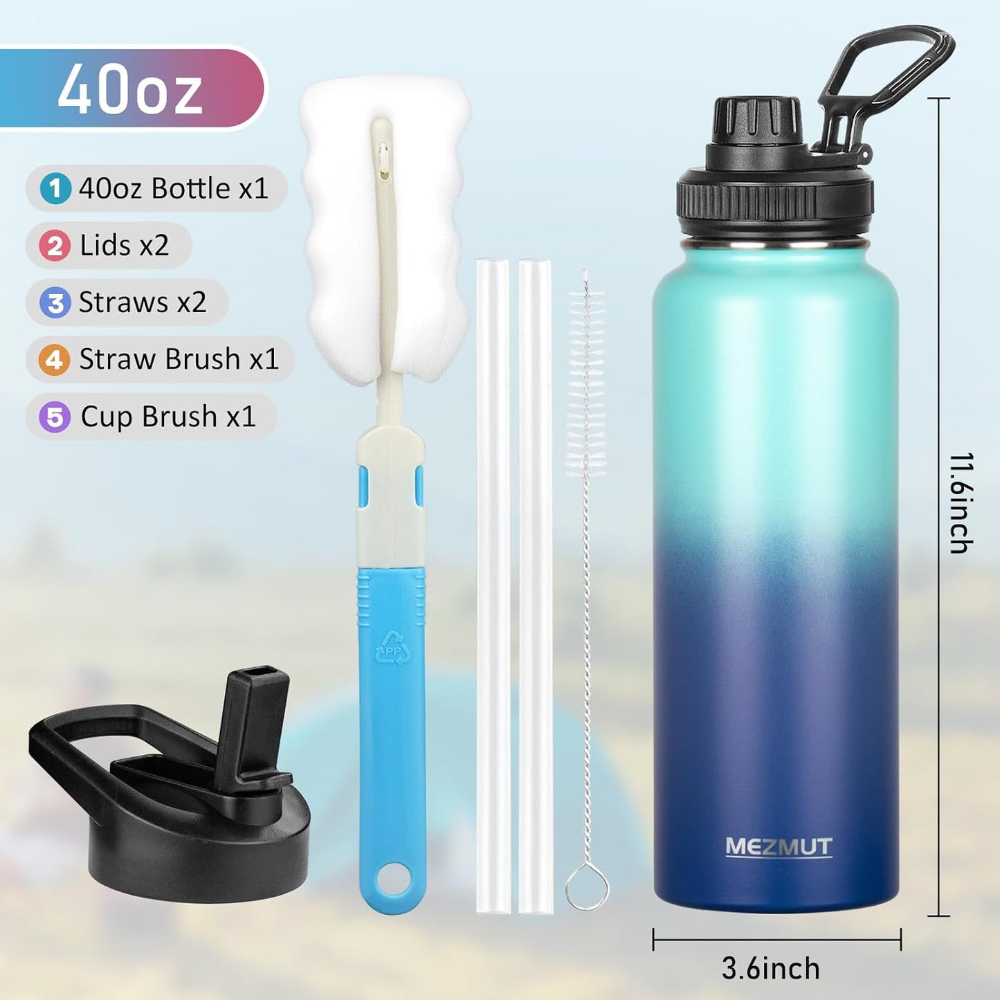 Botella agua acero inox 40oz con popote y 2 tapas