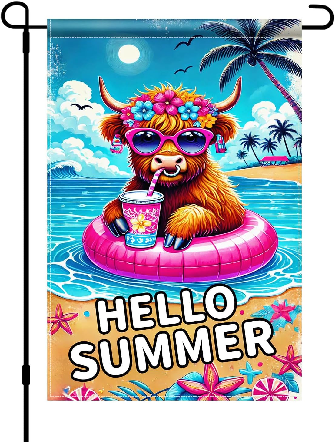 Bandera jardín doble cara hello summer 12x18pulg tropical