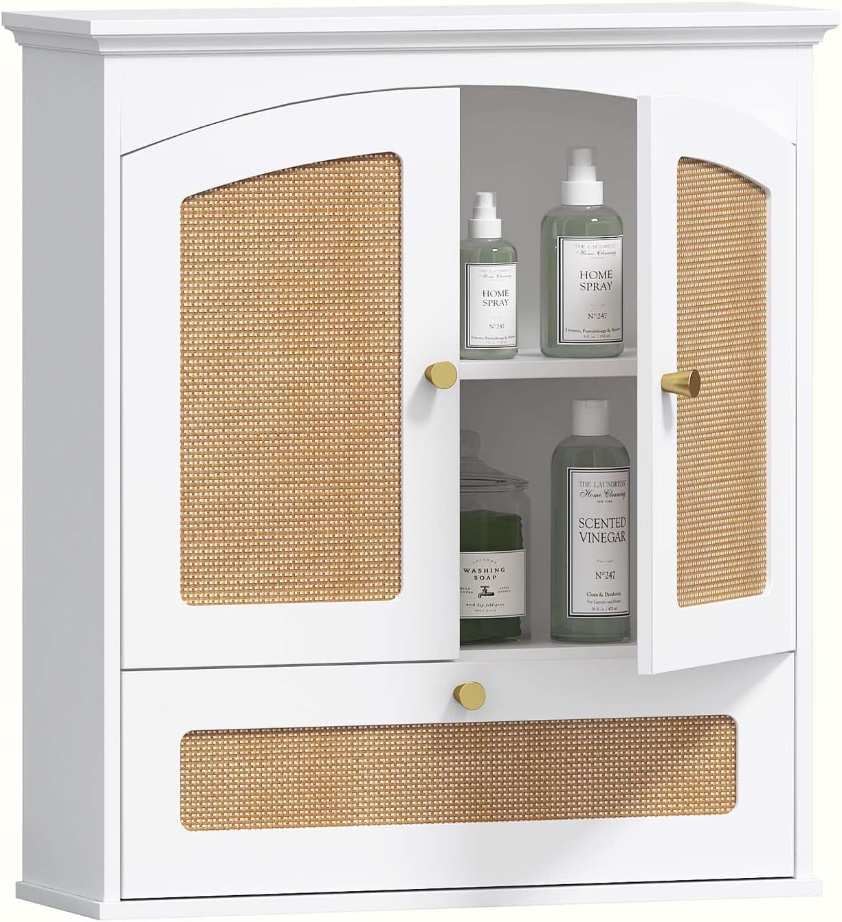 Armario pared baño boho ratán blanco puertas tejido