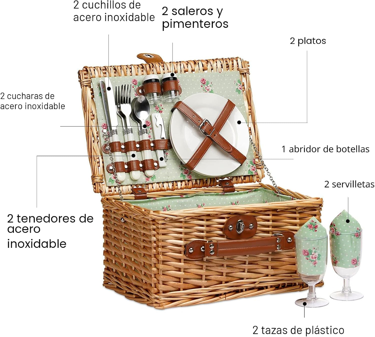 Cesta picnic mimbre para 2 con utensilios