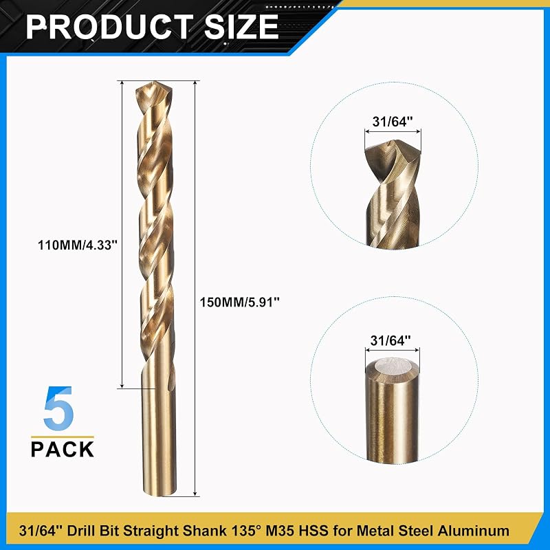 Broca M35 cobalto 5% acero inox 31/64" 135° 5 Uds