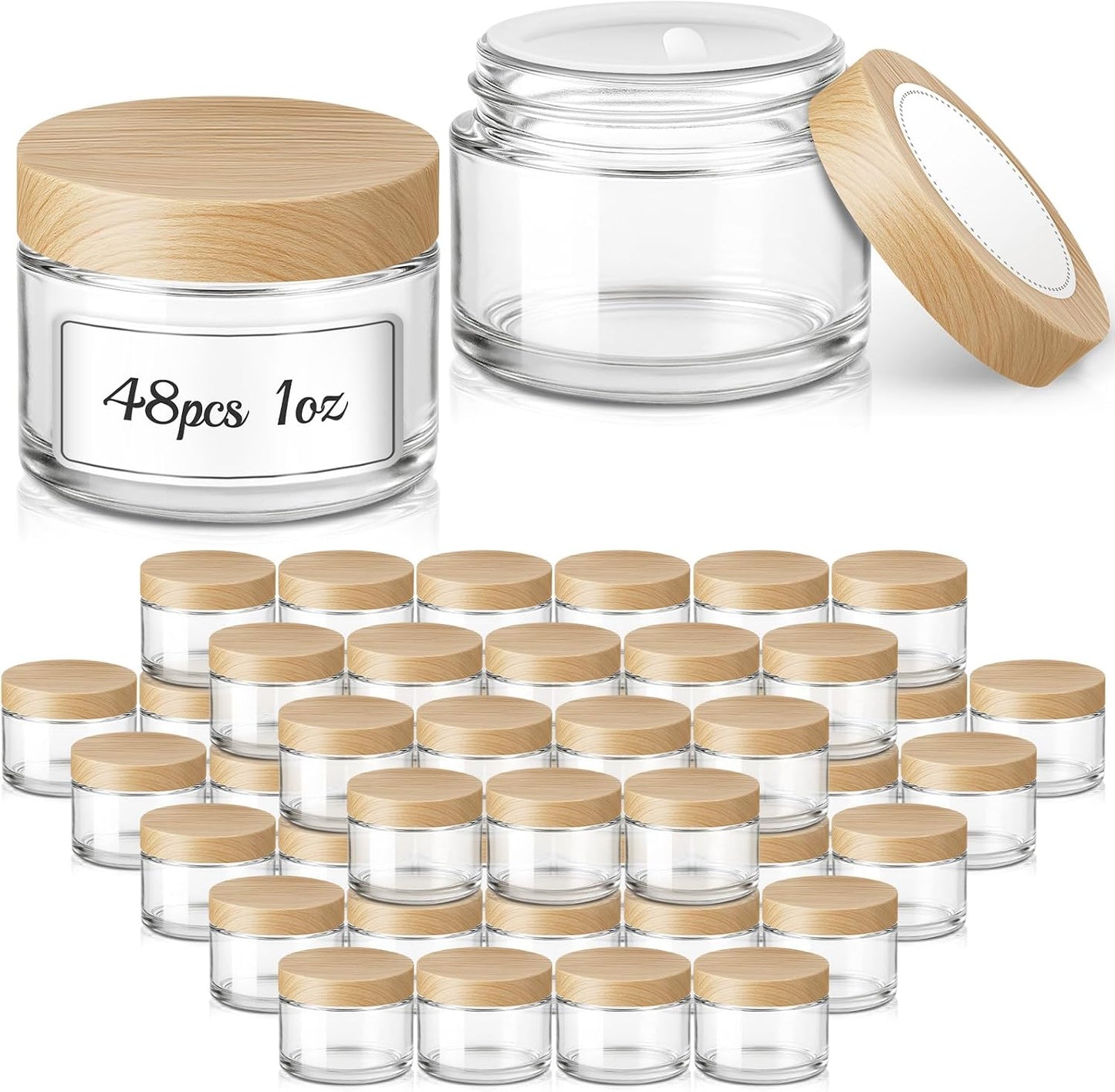 Tarros vidrio 1oz con tapas plástico madera 48 pzas