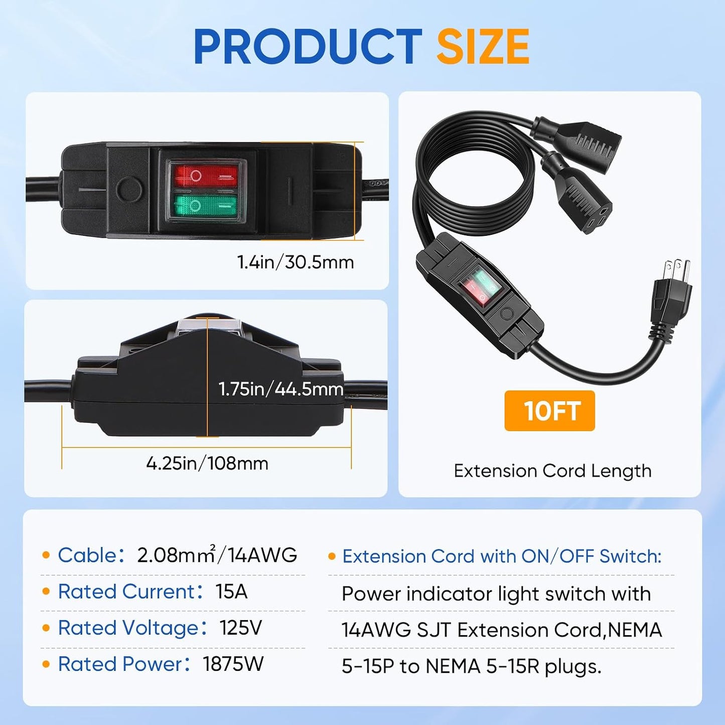 Divisor cable extensión 2 vías con interruptor 14AWG 15A