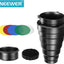 Kit snoot aluminio con rejilla y 5 filtros gel para Bowens