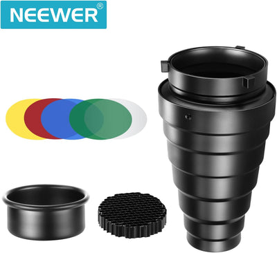 Kit snoot aluminio con rejilla y 5 filtros gel para Bowens