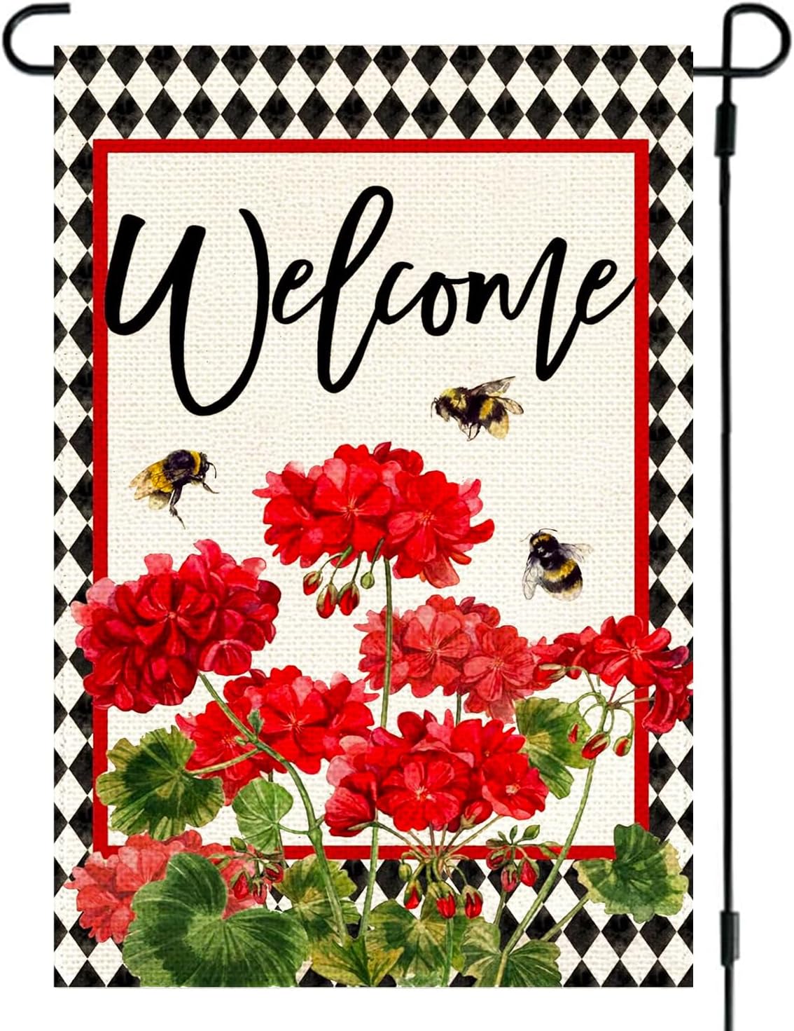 Bandera jardín doble cara arpillera floral roja 12x18"