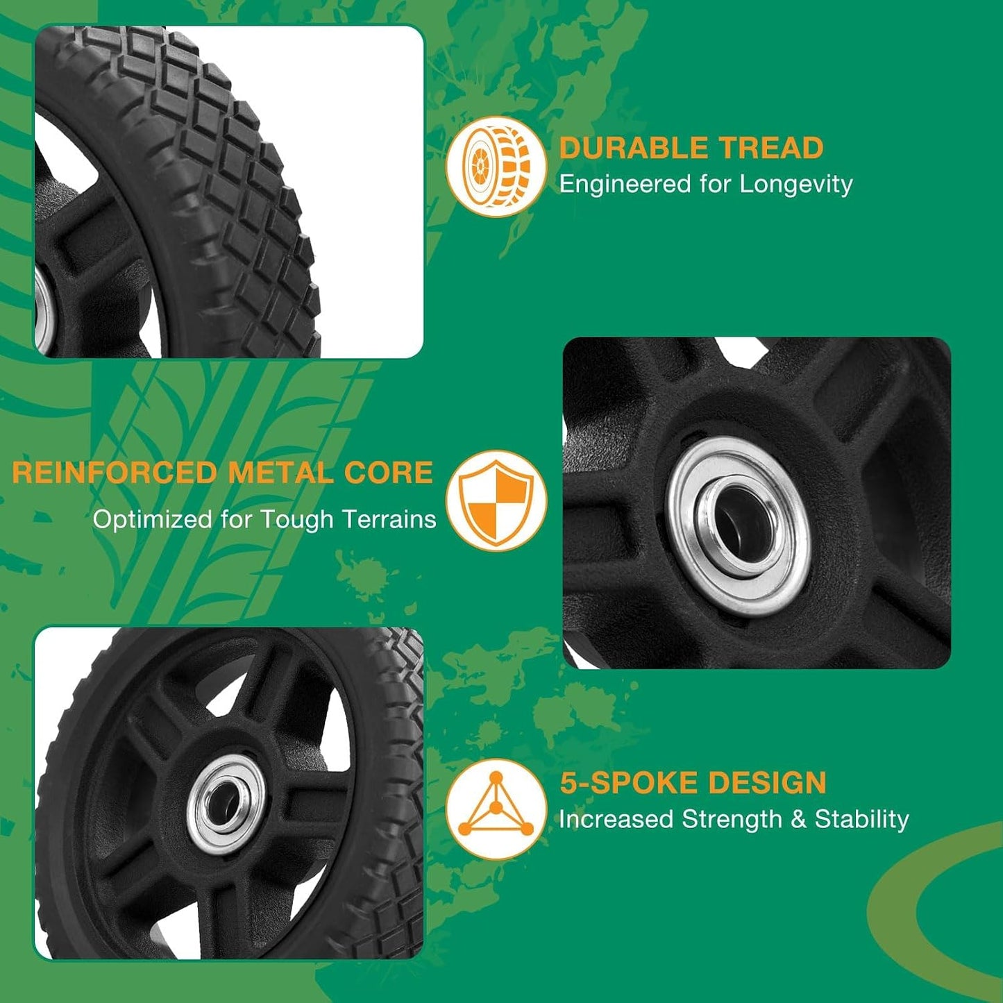 Ruedas cortacésped 8" set 2 orificio eje 0.5" con pernos