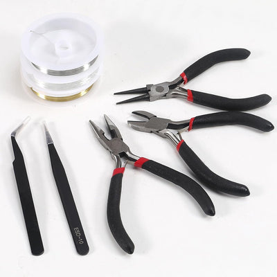 Kit 8 herramientas joyería 3 alicates 2 alambres 1 cuerda cuentas 2 pinzas