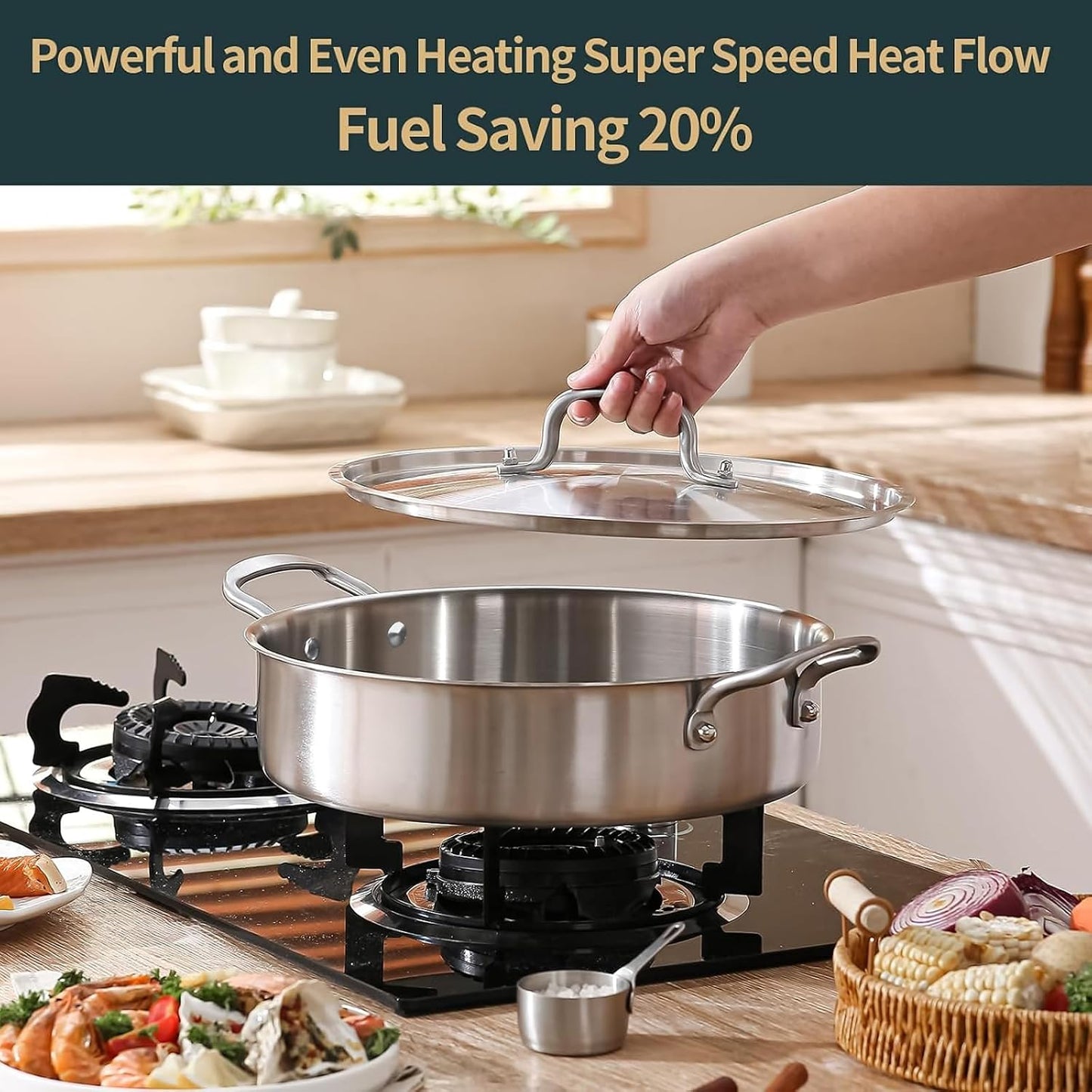 Sartén acero inox 13pulg 8qt con tapa calentamiento uniforme