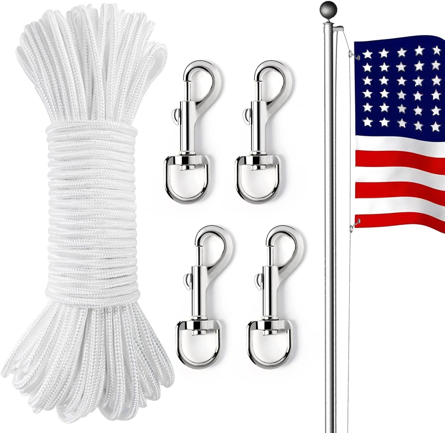 Cuerda halyard 100ft con 4 ganchos zinc para bandera