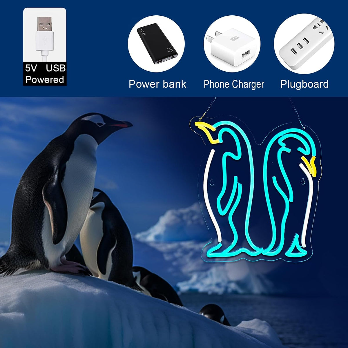 Lámpara pingüino con letrero neón para habitación adolescente