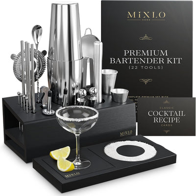 Kit 22 Pzas Cocteleras Herramientas Plateadas Carrito Negro
