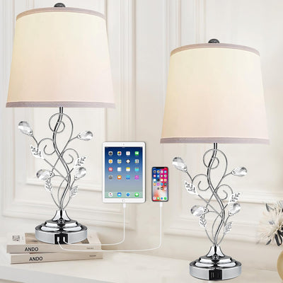 2 Lámparas Mesa Modernas 24.5" Plateado con Puertos USB
