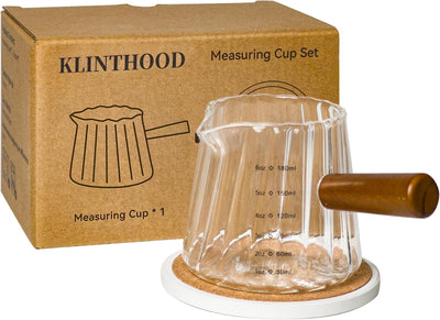 Taza medidora vidrio 6oz para espresso con mango madera