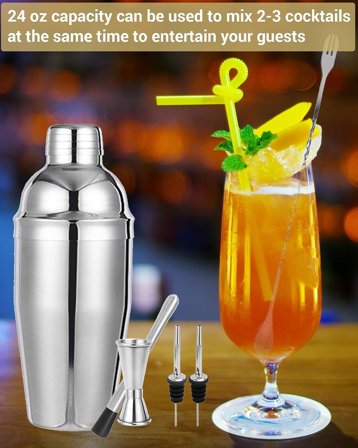 Set 6 Pzas Coctelera Acero Inox 24oz con Jigger y Colador